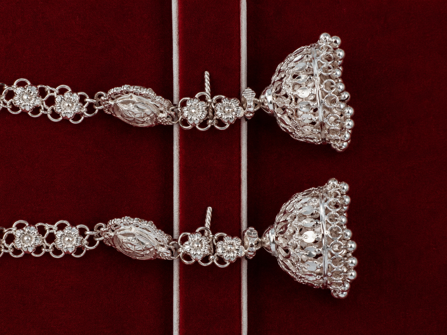 Silver Jhumka Pair — Flower & Chain
