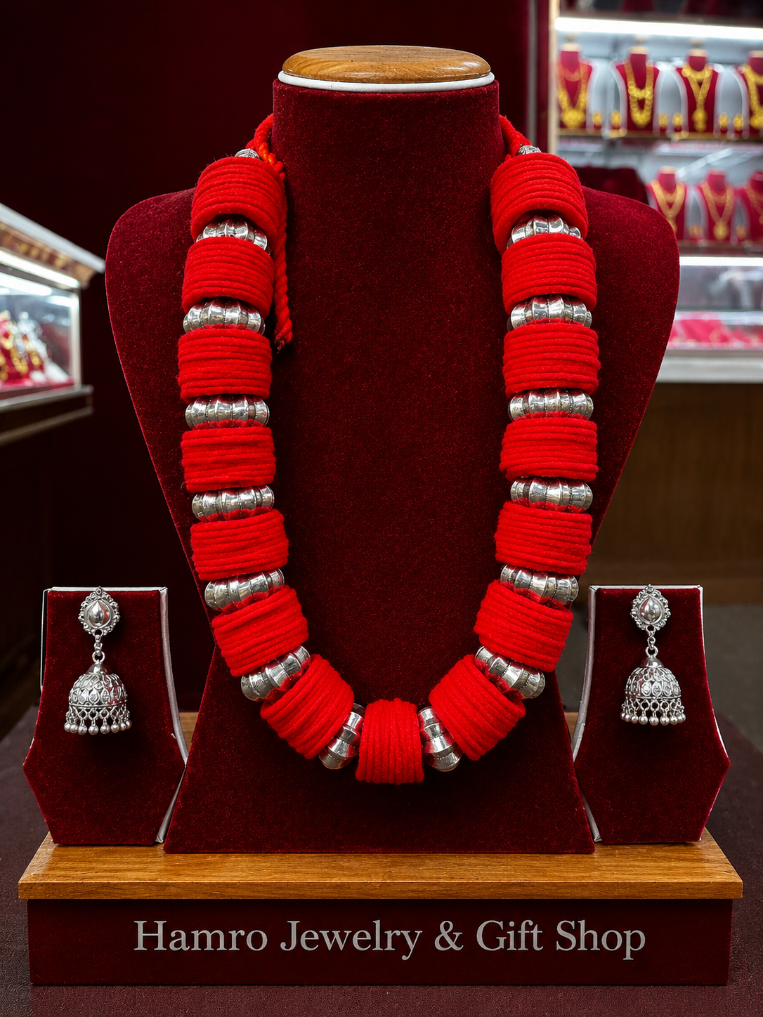Kantha Necklace Set — Red Felt & Jhumka